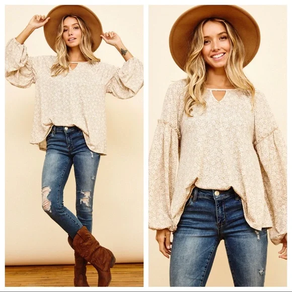 #27 Boho chic Floral Print Lantern Sleeves Top - Picture 1 of 5